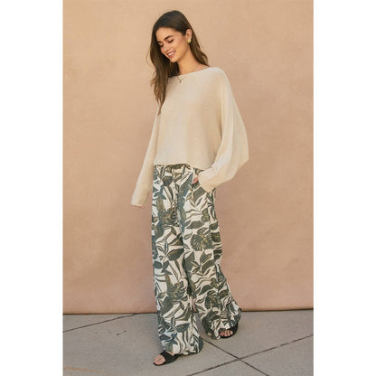 Swaying Palms Button Fly Wide Leg Pants
