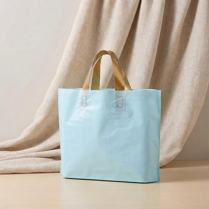 50pcs, 3 sizes light Blue PVC gift bag with Gold handle