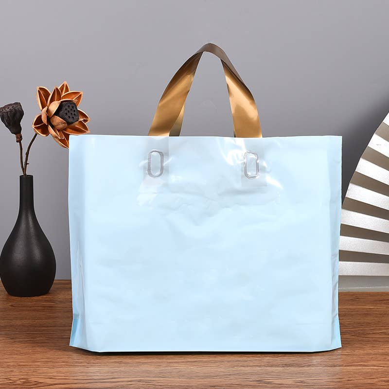 50pcs, 3 sizes light Blue PVC gift bag with Gold handle