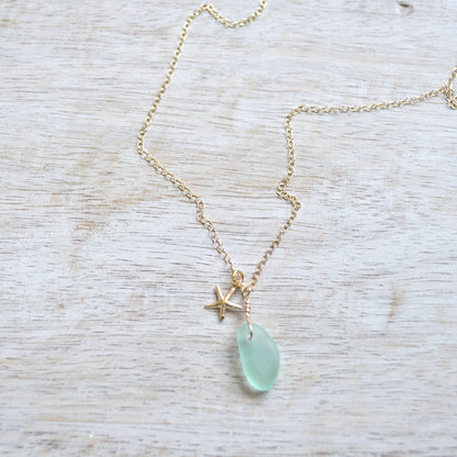 Tiny Frosted Glass & Starfish Necklace in Gold