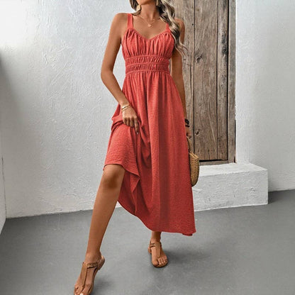 2025 Summer New Sleeveless Halter Textured Pleated Casual Dresses