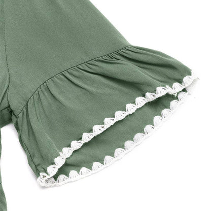 Green Flowy Ruffle Hem V Neck Casual Short Dress
