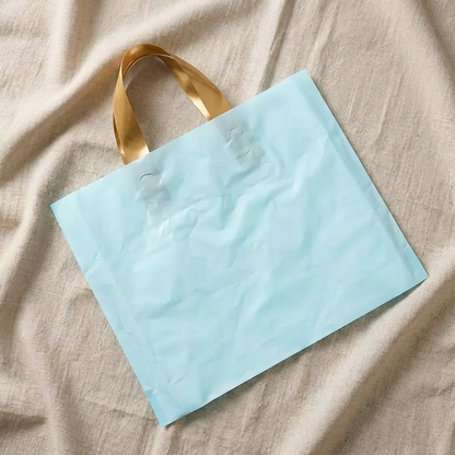 50pcs, 3 sizes light Blue PVC gift bag with Gold handle